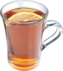 A clear glass mug filled with amber colored tea and a slice of lemon floating on top isolated on...