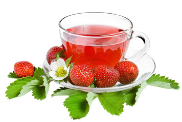 Refreshing strawberry drink in a clear glass cup with fresh strawberries and leaves isolated on...