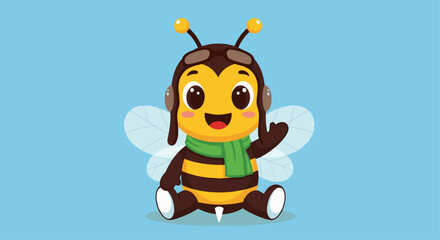 Cute Cartoon Bee Character Sitting and Waving. Adorable cartoon bee mascot sitting and waving, wearing a green scarf. Friendly, cute character. Ideal for children's themes and playful branding.