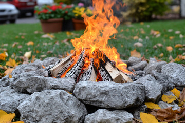 Backyard fire pit surrounded by stones and autumn leaves