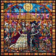 Stained glass art depicting skeletons dancing in a colorful celebration scene.