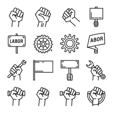 A compilation of icons showcasing raised fists, tools, gears, and signs with labor and abor for worker rights