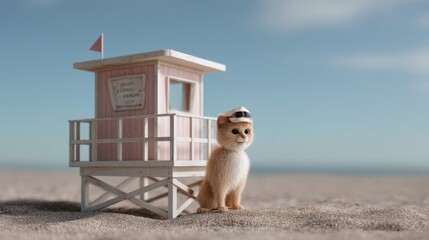 Small kitten in sailor hat by pink lifeguard tower on sandy beach