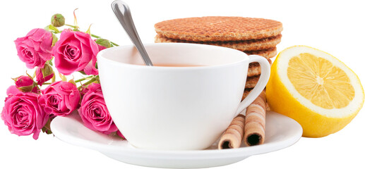 A refreshing cup of tea with pink roses stroopwafels wafer rolls and a lemon slice isolated on...