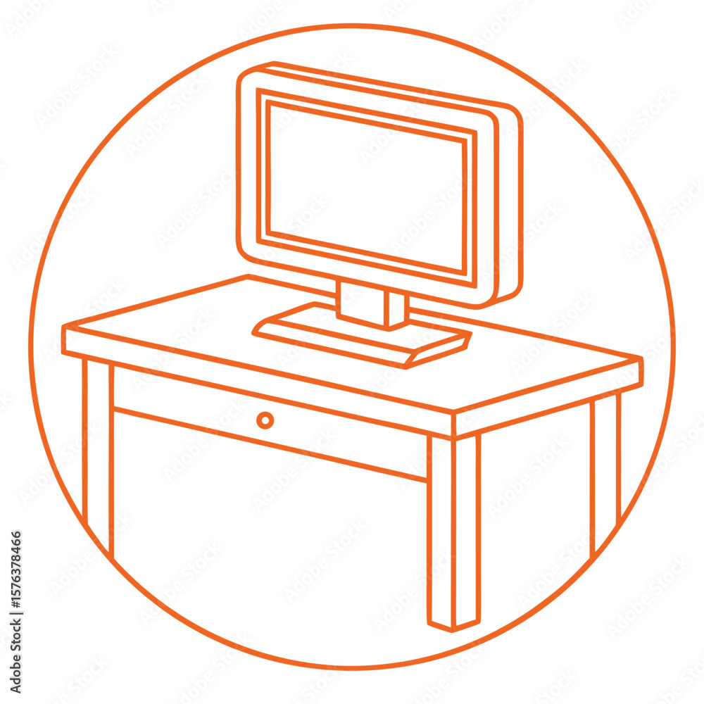 Poster orange computer monitor on desk icon table drawer