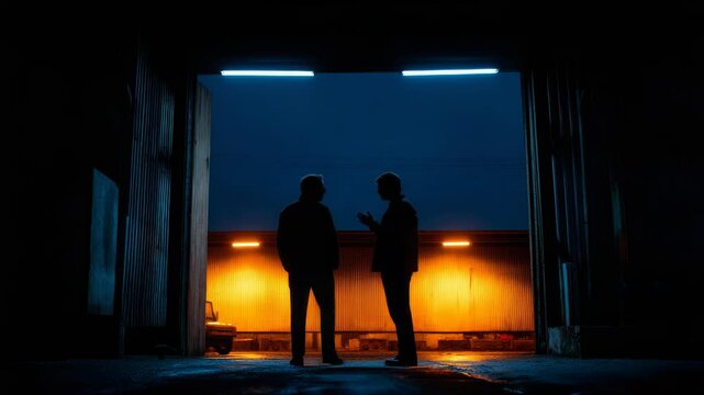 Two men standing silhouette in a dimly lit warehouse entrance at night setting