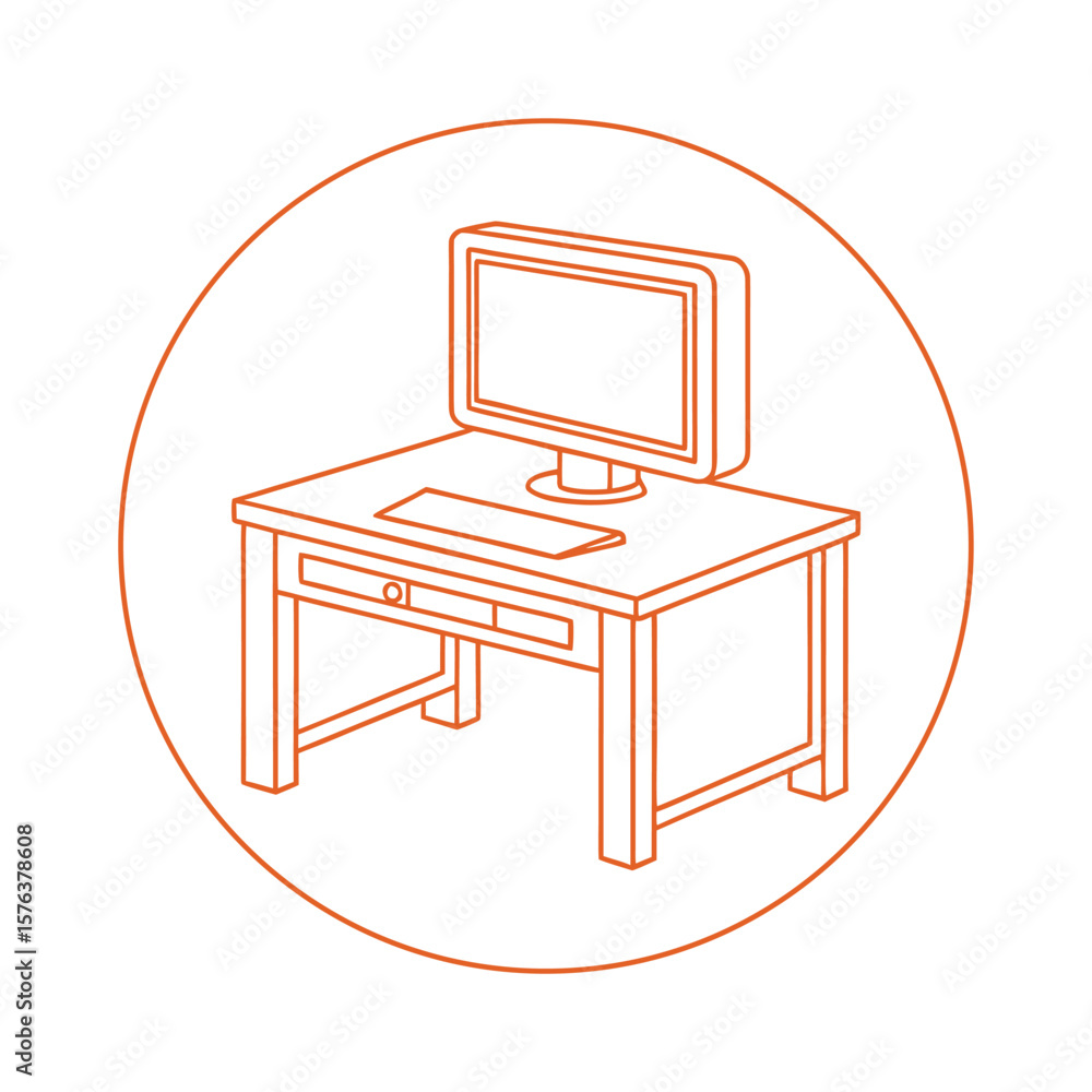 Poster orange outline computer desk with monitor and keyboard technology