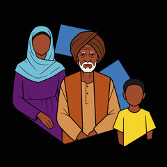 Family portrait featuring Asian man, woman, and child on black background  