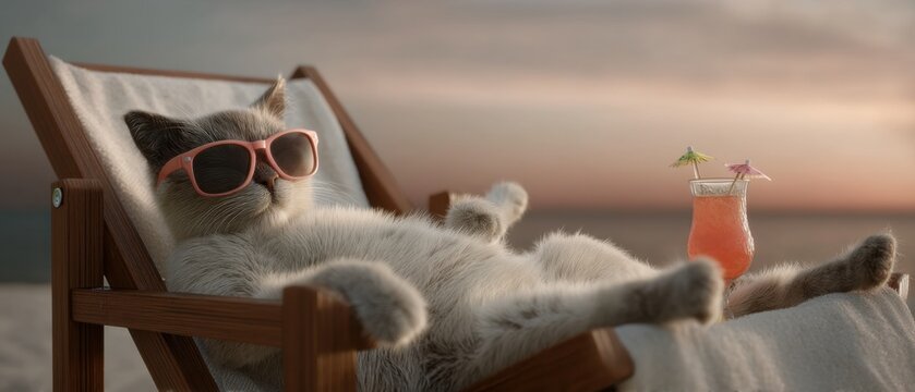 Chill cat relaxing on beach chair at sunset with sunglasses and tropical drink