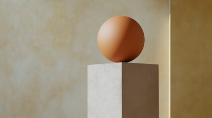 A single, matte orange sphere rests atop a minimalist, light gray cube against a textured, warm yellow background.