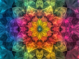 Colorful abstract fractal design with symmetrical star shape and vibrant rainbow hues.