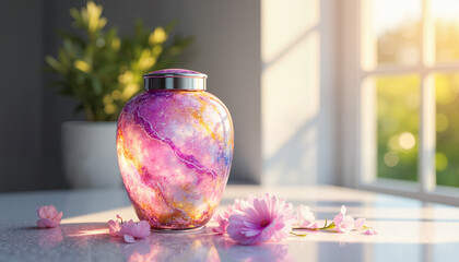 Colorful marble funeral urn with flowers on table in soft light  