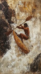 Person in kayak navigates rough whitewater rapids near rocks with paddle.