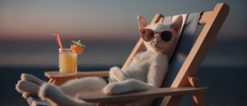 Cool cat relaxing on beach chair with sunglasses at sunset