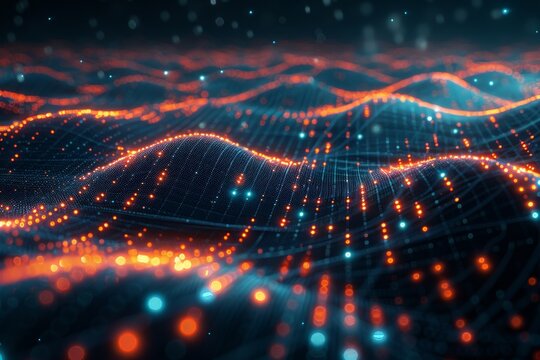 This is a digital background with waveforms and glowing particles, perfect for hightech and futuristic designs