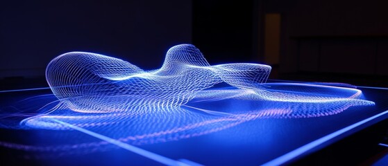 Abstract blue light sculpture on a dark surface with geometric patterns.