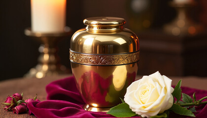 Golden funeral urn surrounded by roses and candlelight for remembrance  