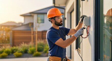 Home exterior electrical system installation by skilled tradesperson with safety gear.