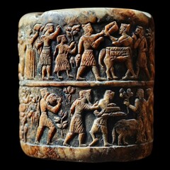 Ancient cylinder seal depicting figures and animals carved on a light brown surface.