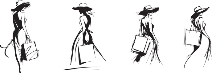 Elegant Summer Women in Hats – Minimal Fashion Sketch Series