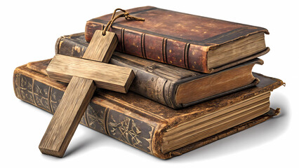 Antique books with wooden cross religious christianity faith spirituality vintage literature study history