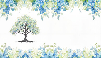 Fototapeta premium Tree illustration with blue flowers and greenery on white background 