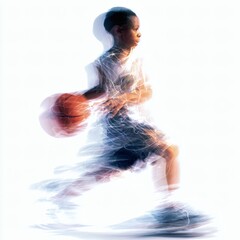 A boy dribbling a basketball in motion on white background
