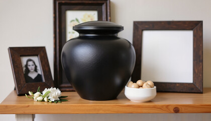 Black funeral urn displayed on wooden shelf with photo frames  