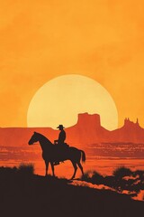 Silhouette of rider on horse in desert landscape with large sun setting.