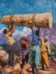 People lifting a large log together in a mountainous outdoor setting.