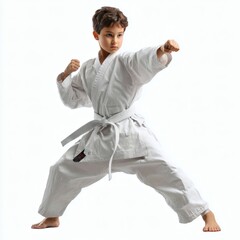 A boy practicing karate with mid-punch and wearing martial arts uniform on solid white background