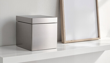 Modern rectangular funeral urn on shelf with empty picture frame  