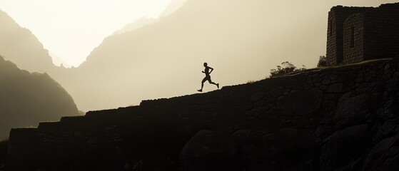 Silhouette of person running on stone steps with mountains in background.
