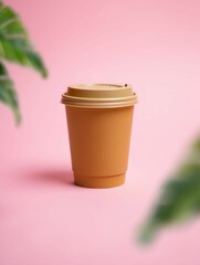 A single brown disposable coffee cup with a tan lid sits on a pastel pink background with blurred...