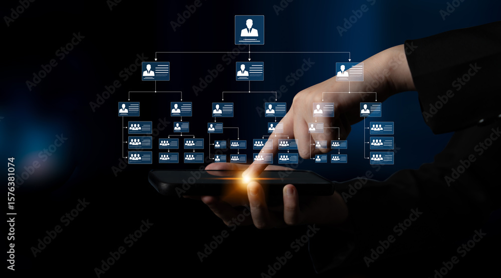 Poster corporate org chart and team structure show hierarchy, team, and structure for clear organization, m