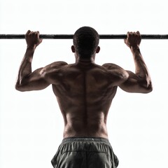 A man doing pull-up motion with gym bar, isolated on white background
