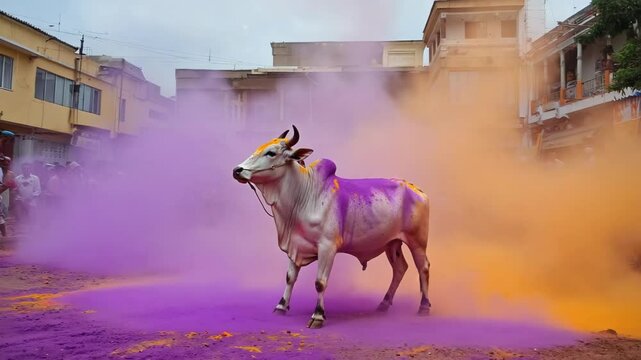 Cow at the Indian Holi festival.