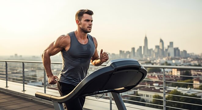 Muscular man running on a treadmill on a rooftop with a city skyline in the background during sunrise