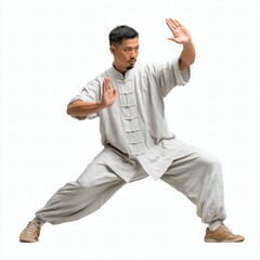 A man practicing Tai Chi with controlled movement on white background