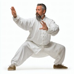 A man practicing Tai Chi with controlled movement on white background