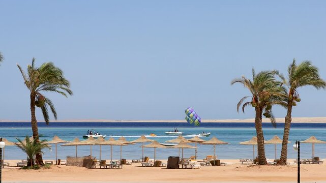 Tropical beach with palm trees. Sea, hotel and summer holidays, parasailing and water sports