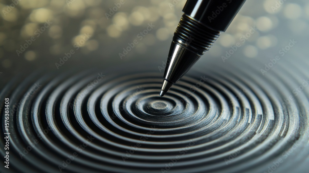 Poster close-up of a pen creating concentric circles on a dark surface, bokeh background.