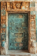 Ornate stone doorway with carvings and a textured door in an aged building.