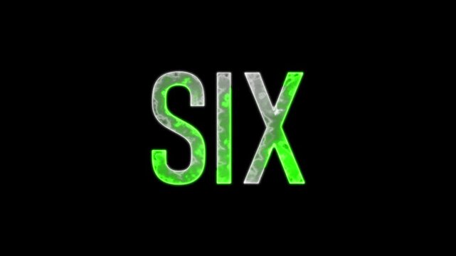 animation of number six with white green neon colors on the outline and isolated on black background. number six