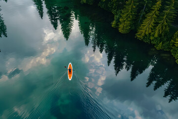 paddleboarder on clear lake, drone view, forest, symmetry