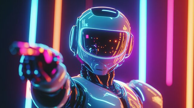 A Stunning Futuristic Robot, Brightly Illuminated with Vibrant Neon Lights, Captured in a Dynamic and Engaging Pose
