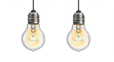 Illuminated Ideas: A Pair of Hanging Light Bulbs - Two incandescent light bulbs hang, symbolizing ideas, innovation, inspiration, brilliance, and enlightenment. Simple, elegant design