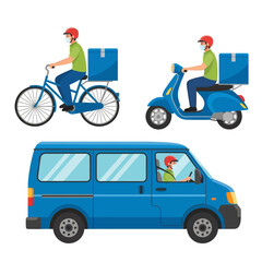 E-commerce Delivery Vector Illustration: Express Delivery and Free Shipping Concepts with Couriers on Bike, Scooter, Van, and Handing Over Package