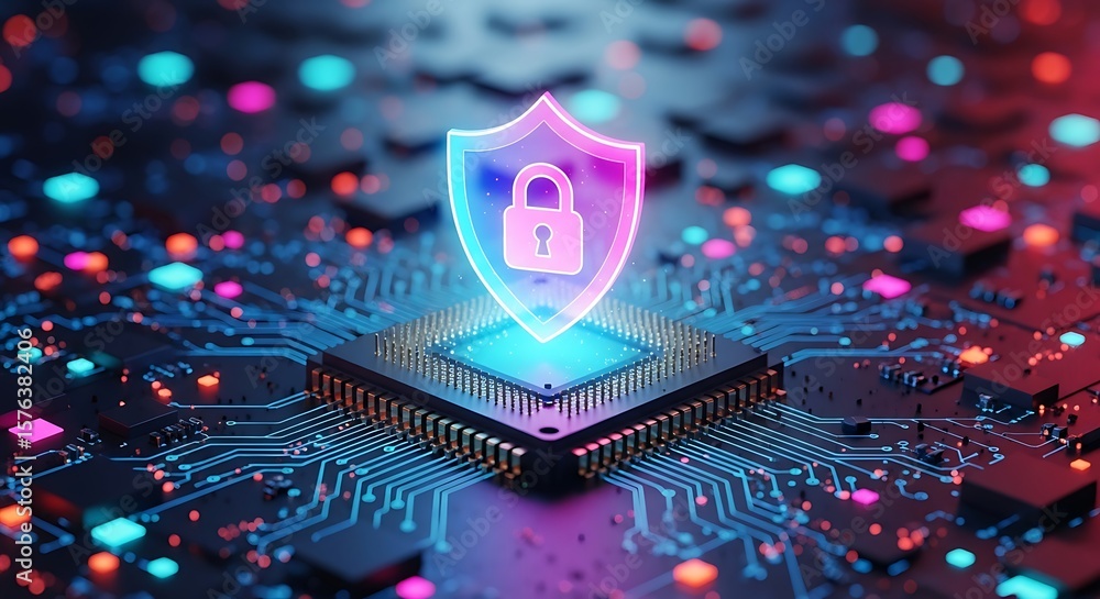 Poster cyber security shield protecting computer chip with glowing padlock