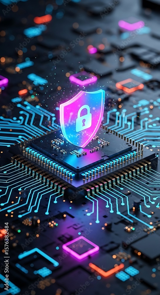Poster cyber security shield with lock icon over a circuit board